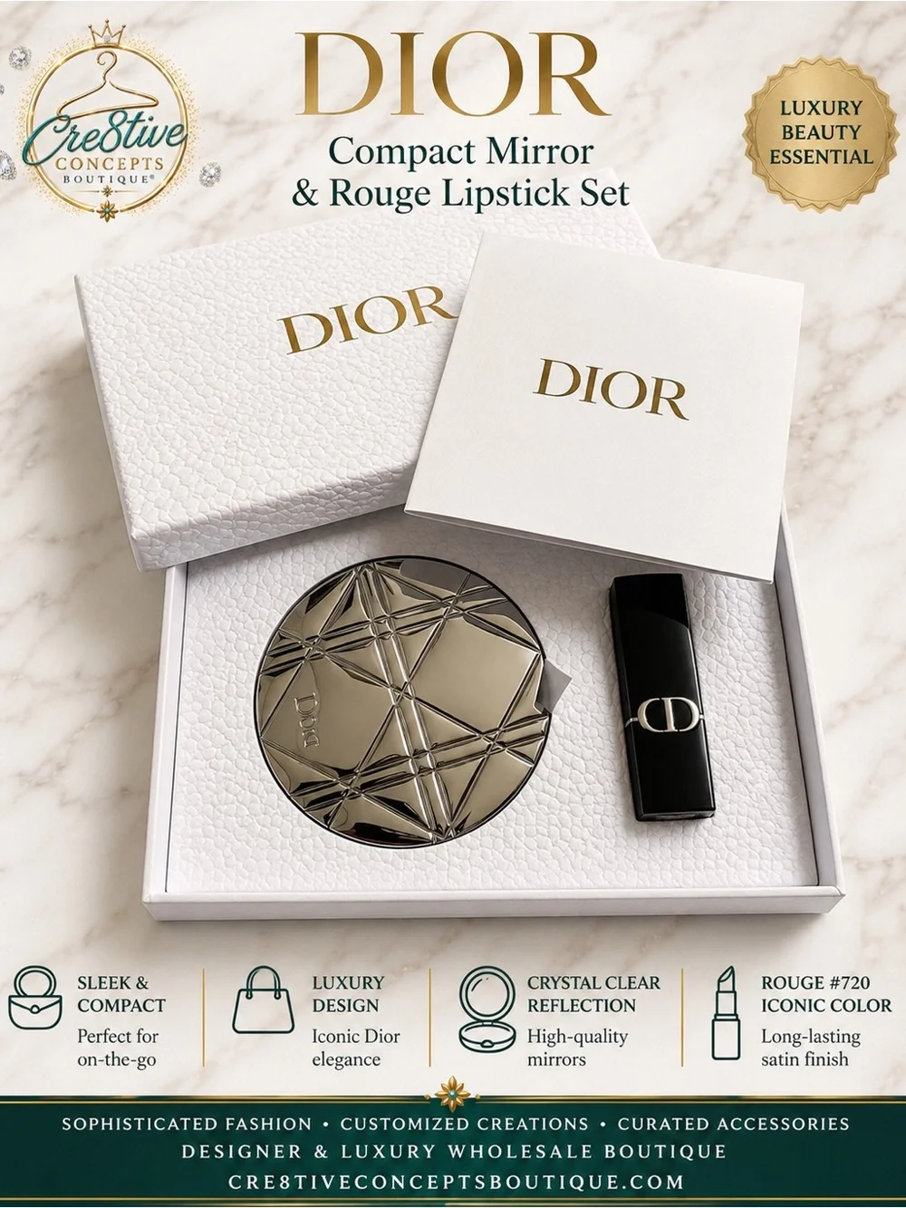 Dior Compact Mirror & Rouge #720 Lipstick Luxury Gift Set
